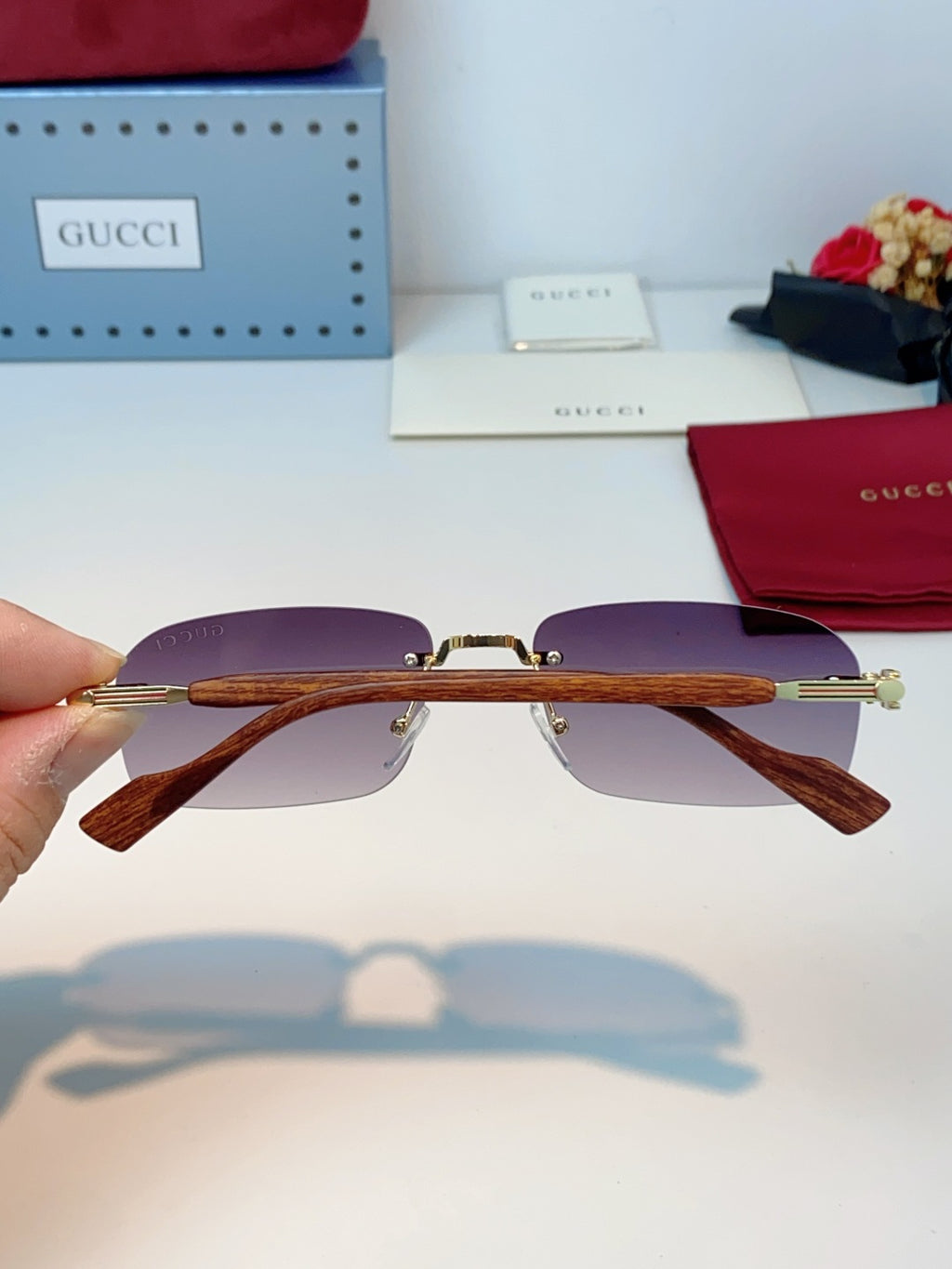 Gucci Lightweight Metal Rimless Red Lens Sunglasses for Men & Women - detail image 5