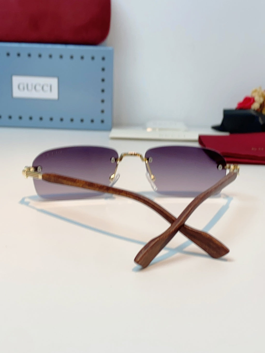 Gucci Lightweight Metal Rimless Red Lens Sunglasses for Men & Women - detail image 3