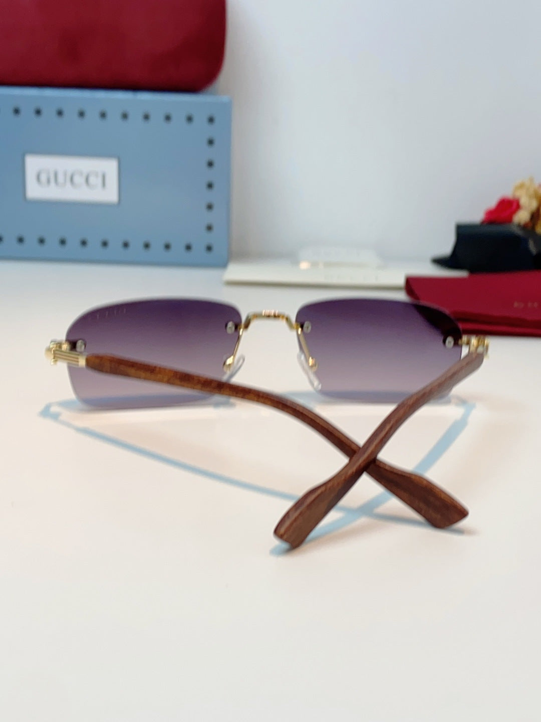 Gucci Lightweight Metal Rimless Red Lens Sunglasses for Men & Women - detail image 3