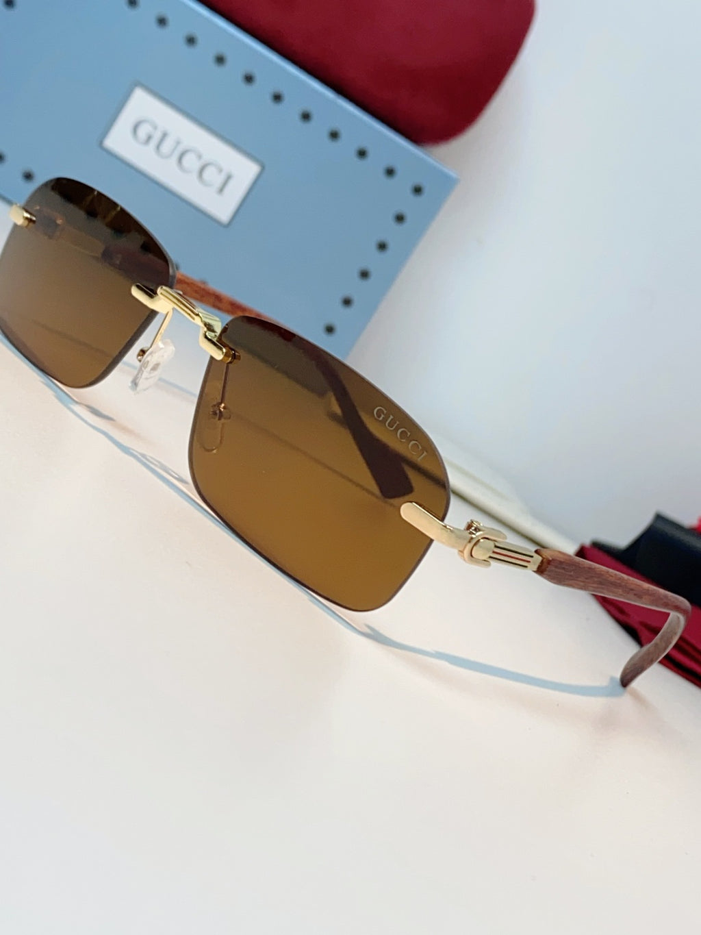 Gucci Lightweight Metal Rimless Brown Lens Sunglasses for Men & Women - detail image 7