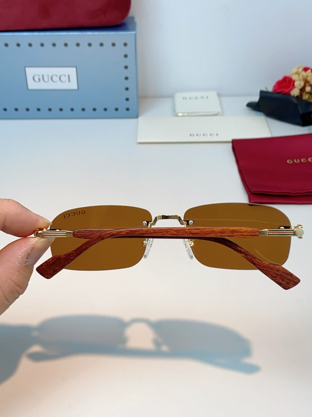 Gucci Lightweight Metal Rimless Brown Lens Sunglasses for Men & Women - detail image 5