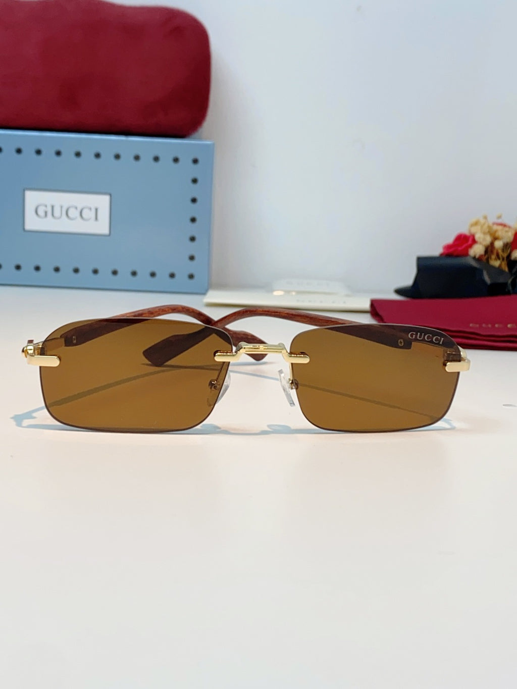 Gucci Lightweight Metal Rimless Brown Lens Sunglasses for Men & Women - detail image 2