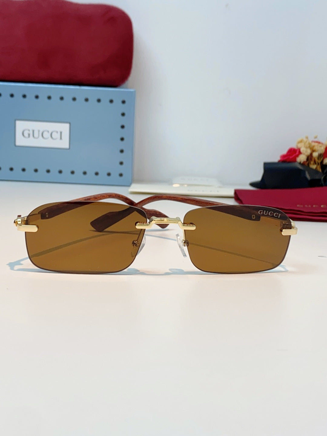 Gucci Lightweight Metal Rimless Brown Lens Sunglasses for Men & Women - detail image 2