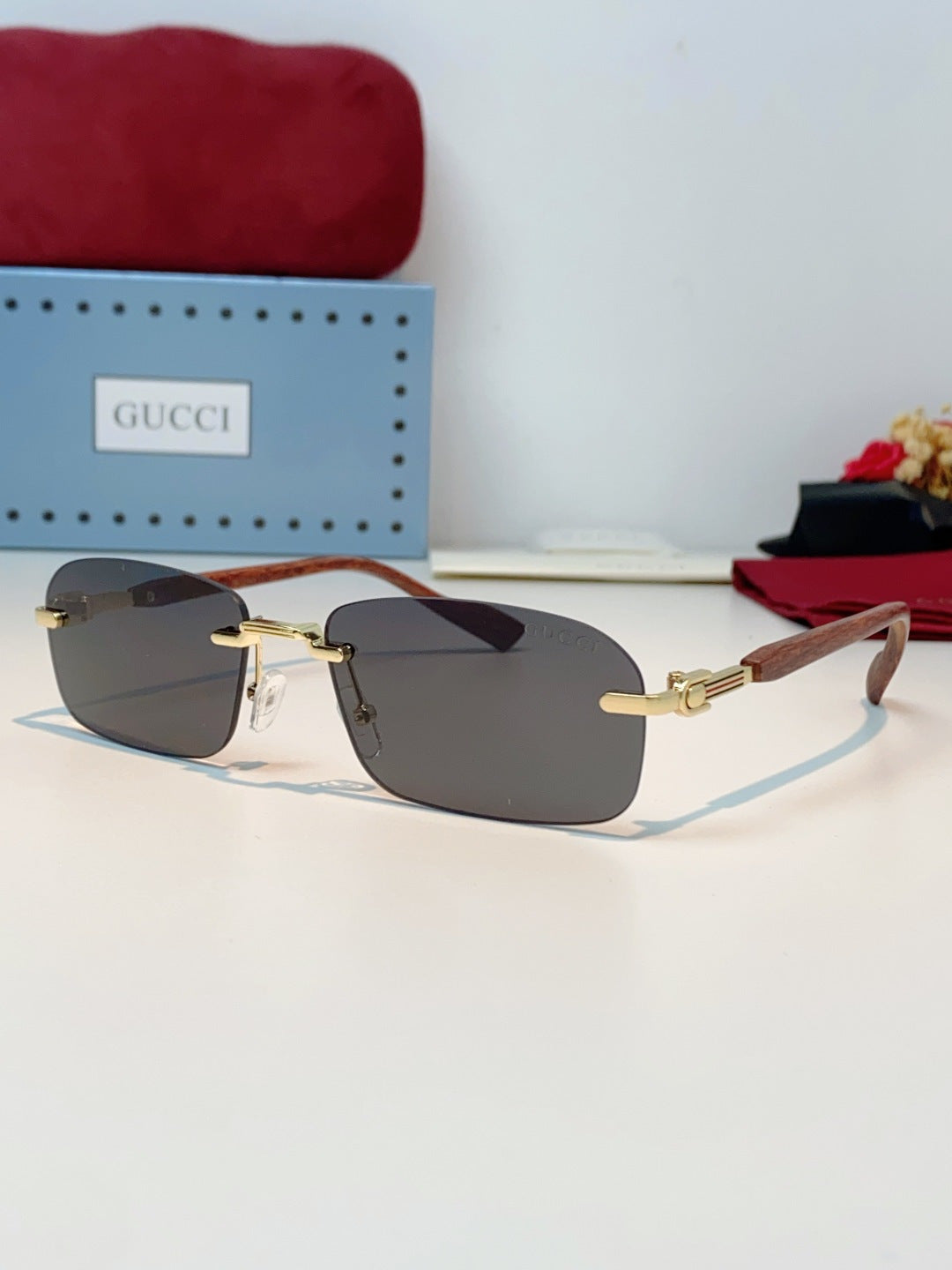 Gucci Lightweight Metal Rimless Black Lens Sunglasses for Men & Women