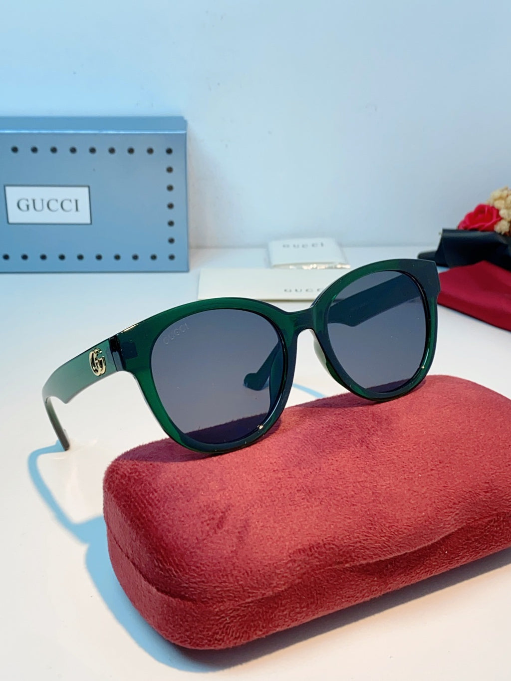 Gucci Metal Cat-Eye Green Lens Sunglasses for Men & Women - detail image 11