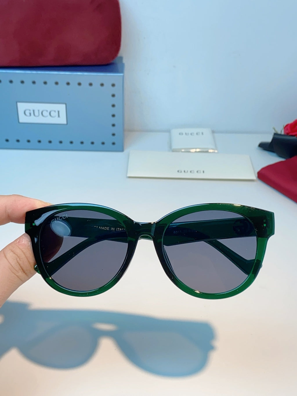 Gucci Metal Cat-Eye Green Lens Sunglasses for Men & Women - detail image 4