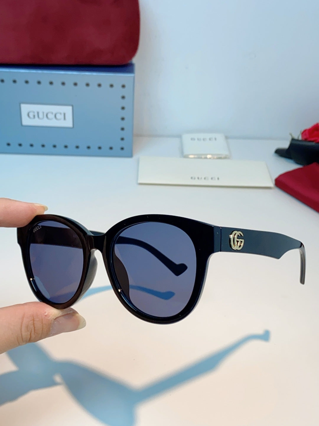 Gucci Metal Cat-Eye Blue Lens Sunglasses for Men & Women - detail image 6