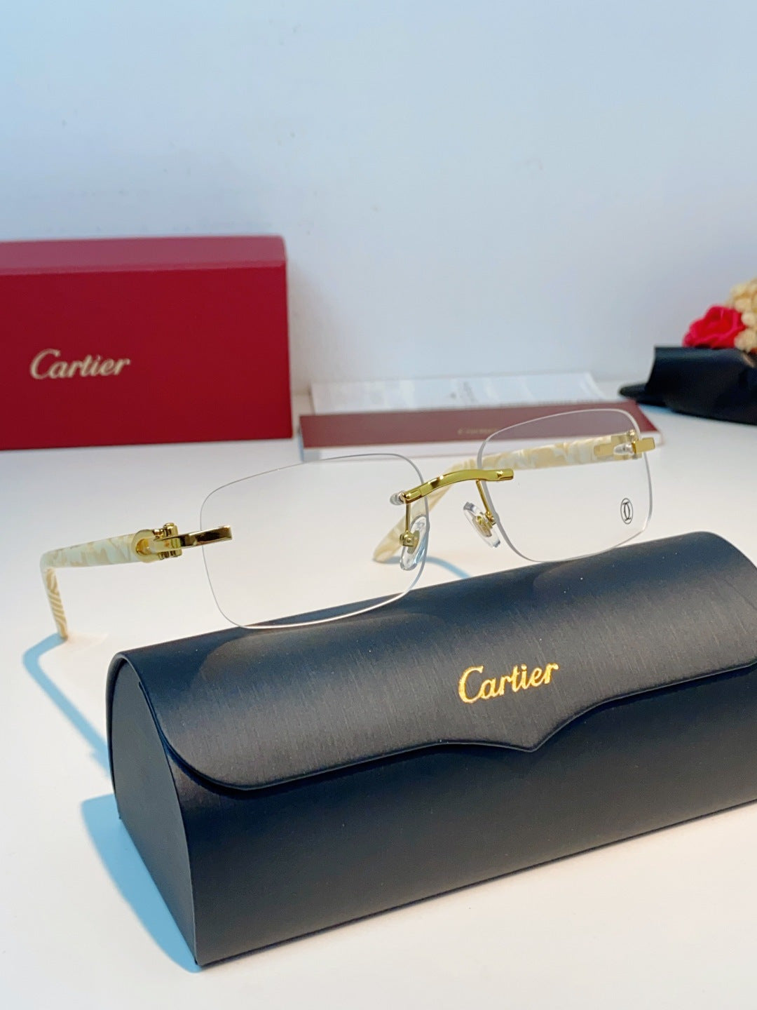 Cartier Lightweight Metal Rimless Orange Lens Sunglasses for Men - 382772 - detail image 11