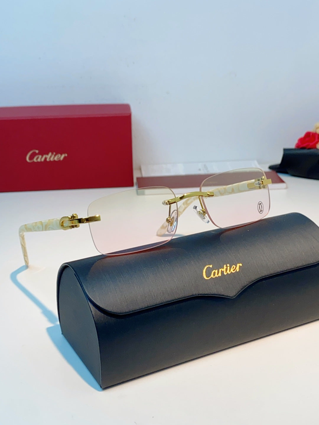 Cartier Lightweight Metal Rimless Orange Lens Sunglasses for Men - 382773 - detail image 11