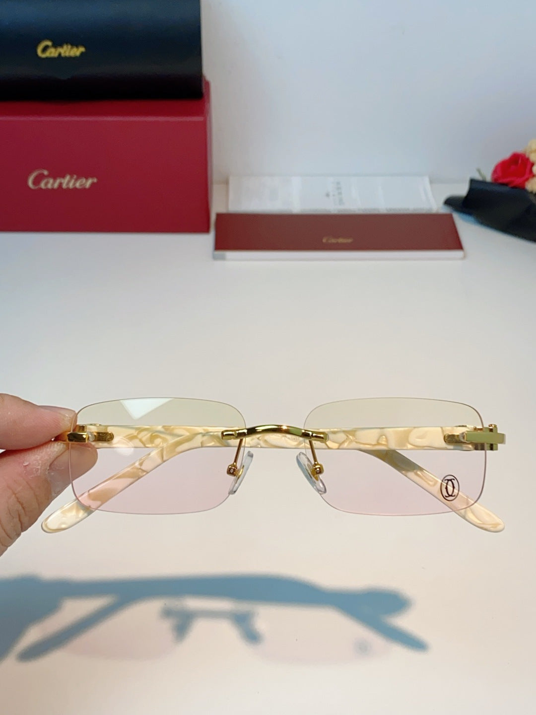 Cartier Lightweight Metal Rimless Orange Lens Sunglasses for Men - 382773 - detail image 4
