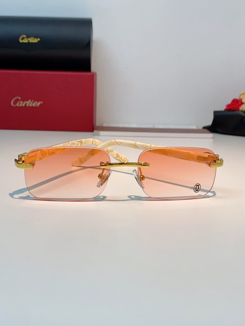 Cartier Lightweight Metal Rimless Orange Lens Sunglasses for Men - detail image 2