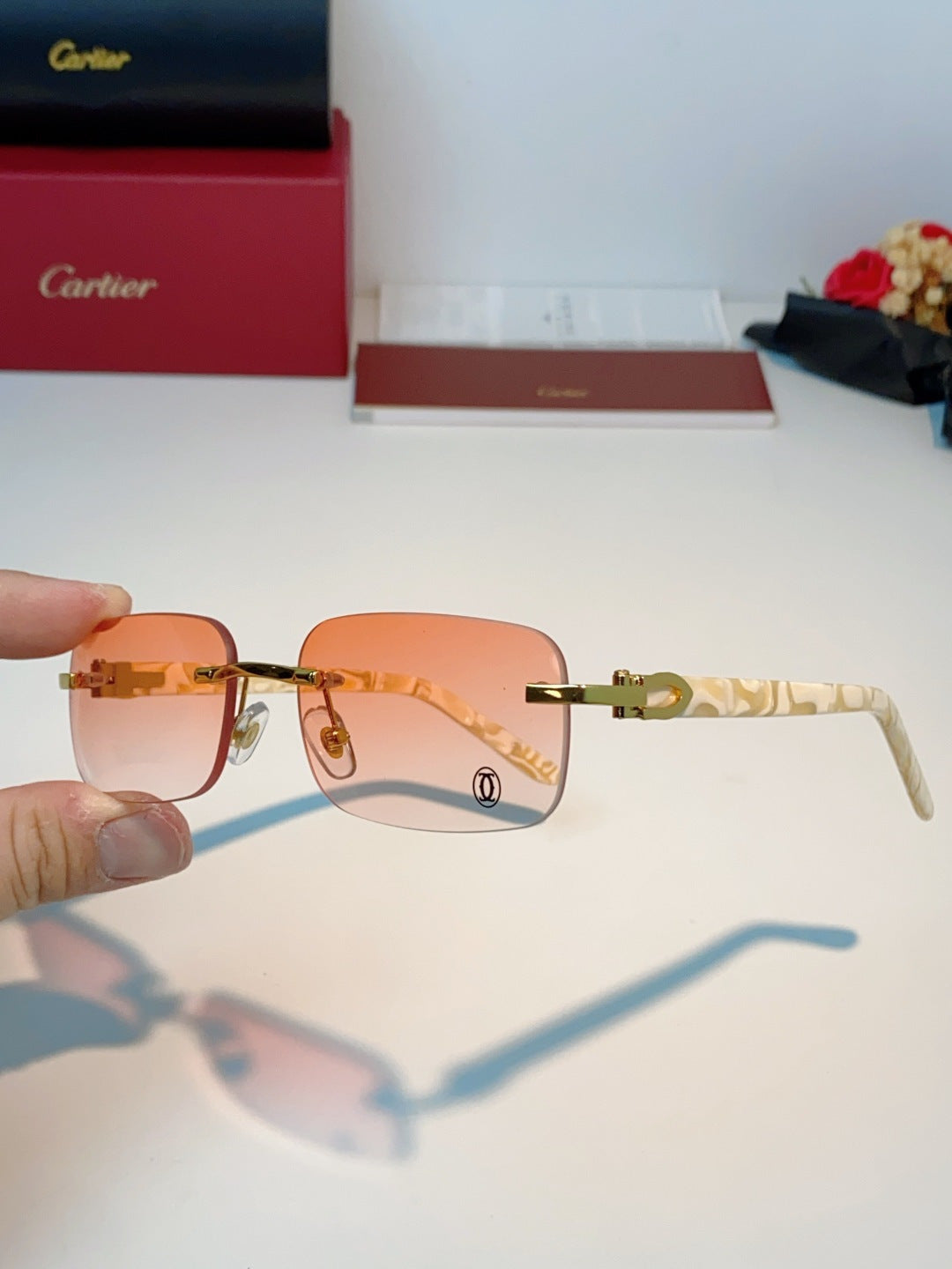 Cartier Lightweight Metal Rimless Orange Lens Sunglasses for Men - detail image 6