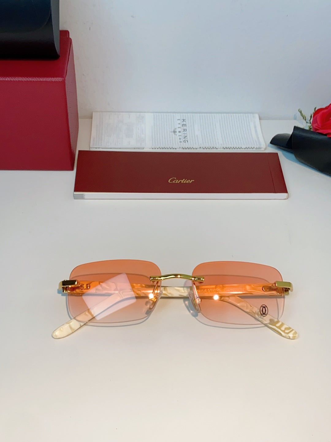 Cartier Lightweight Metal Rimless Orange Lens Sunglasses for Men - detail image 9