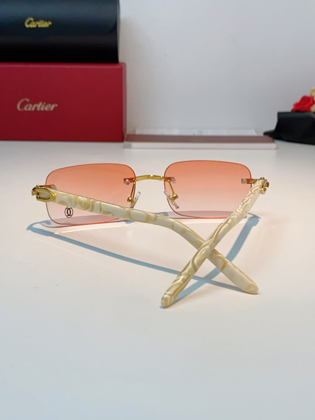 Cartier Lightweight Metal Rimless Orange Lens Sunglasses for Men - detail image 3
