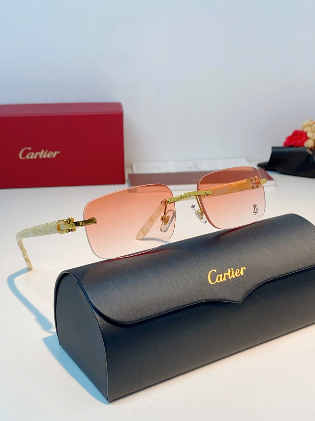 Cartier Lightweight Metal Rimless Orange Lens Sunglasses for Men - detail image 10