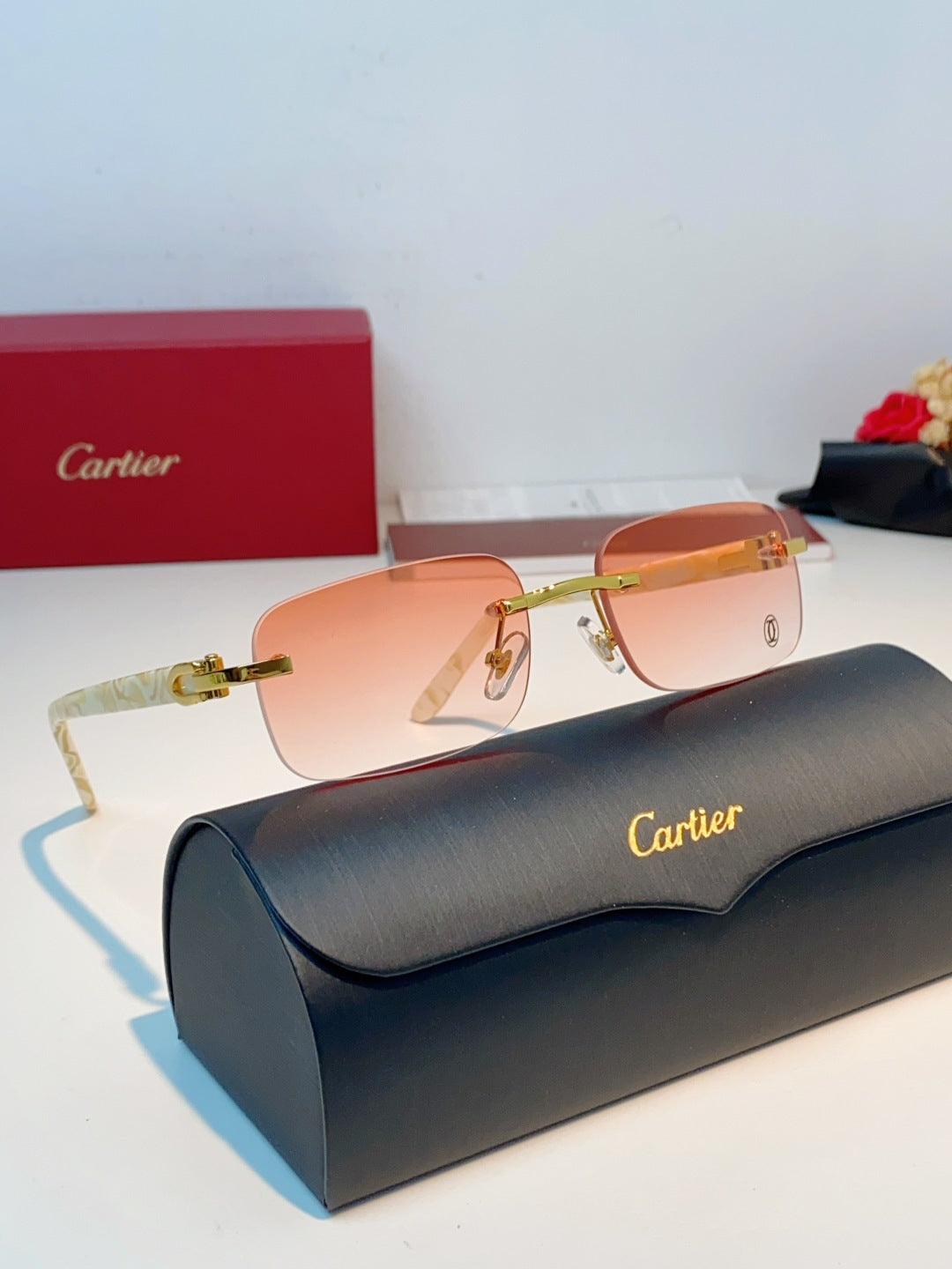 Cartier Lightweight Metal Rimless Orange Lens Sunglasses for Men - detail image 10