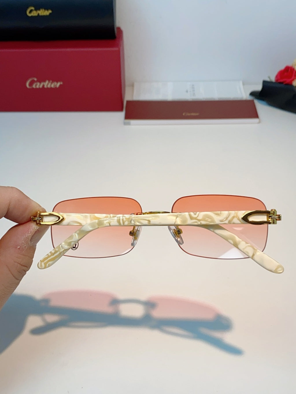 Cartier Lightweight Metal Rimless Orange Lens Sunglasses for Men - detail image 5