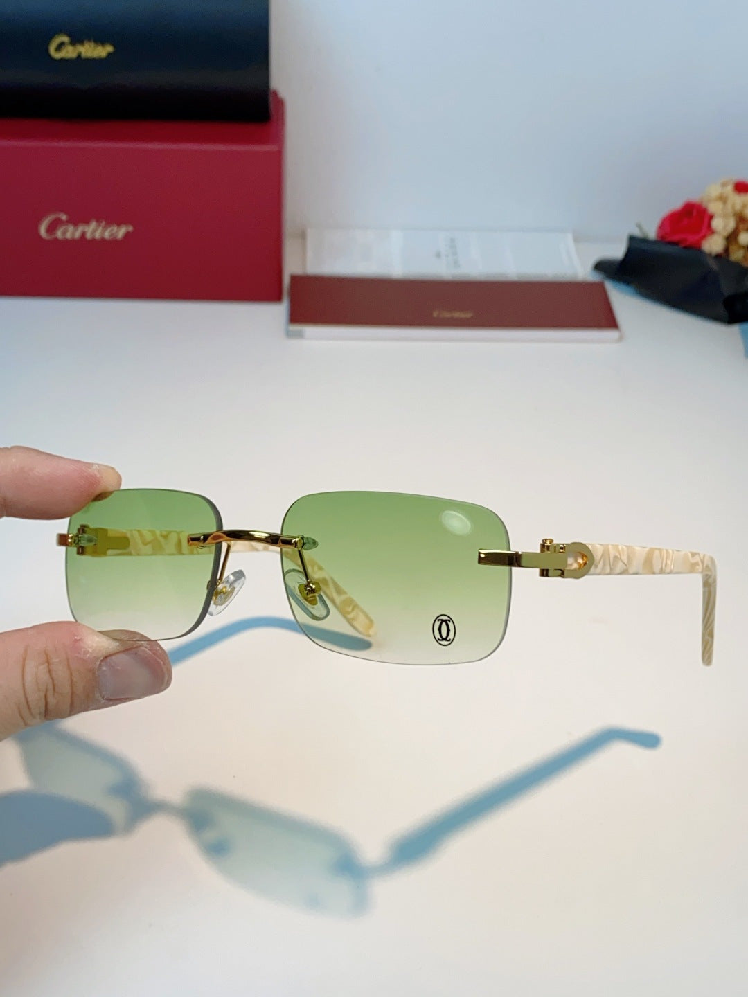 Cartier Lightweight Metal Rimless Gold Lens Sunglasses for Men - detail image 6