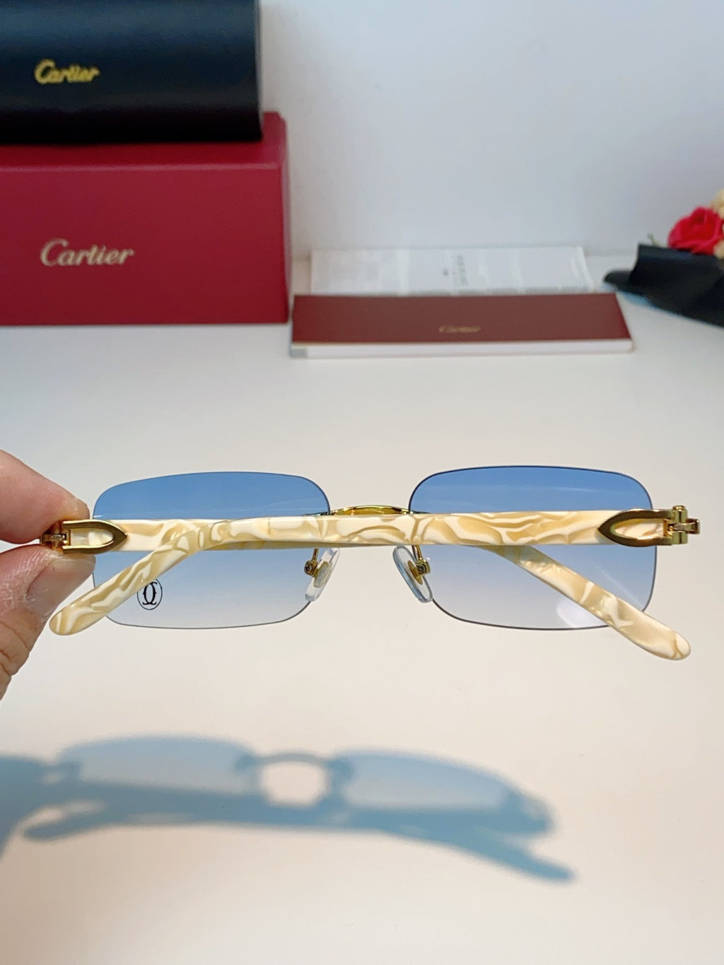 Cartier Lightweight Metal Rimless Blue Lens Sunglasses for Men - detail image 5