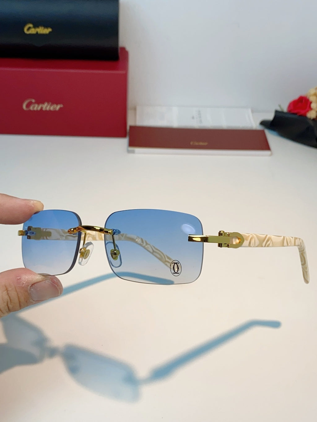Cartier Lightweight Metal Rimless Blue Lens Sunglasses for Men - detail image 6