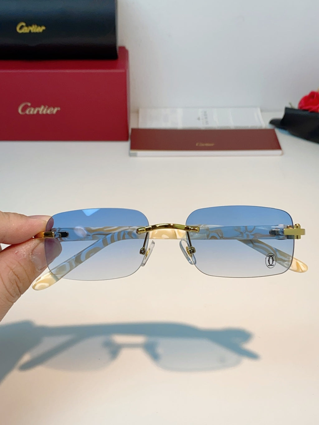 Cartier Lightweight Metal Rimless Blue Lens Sunglasses for Men - detail image 4