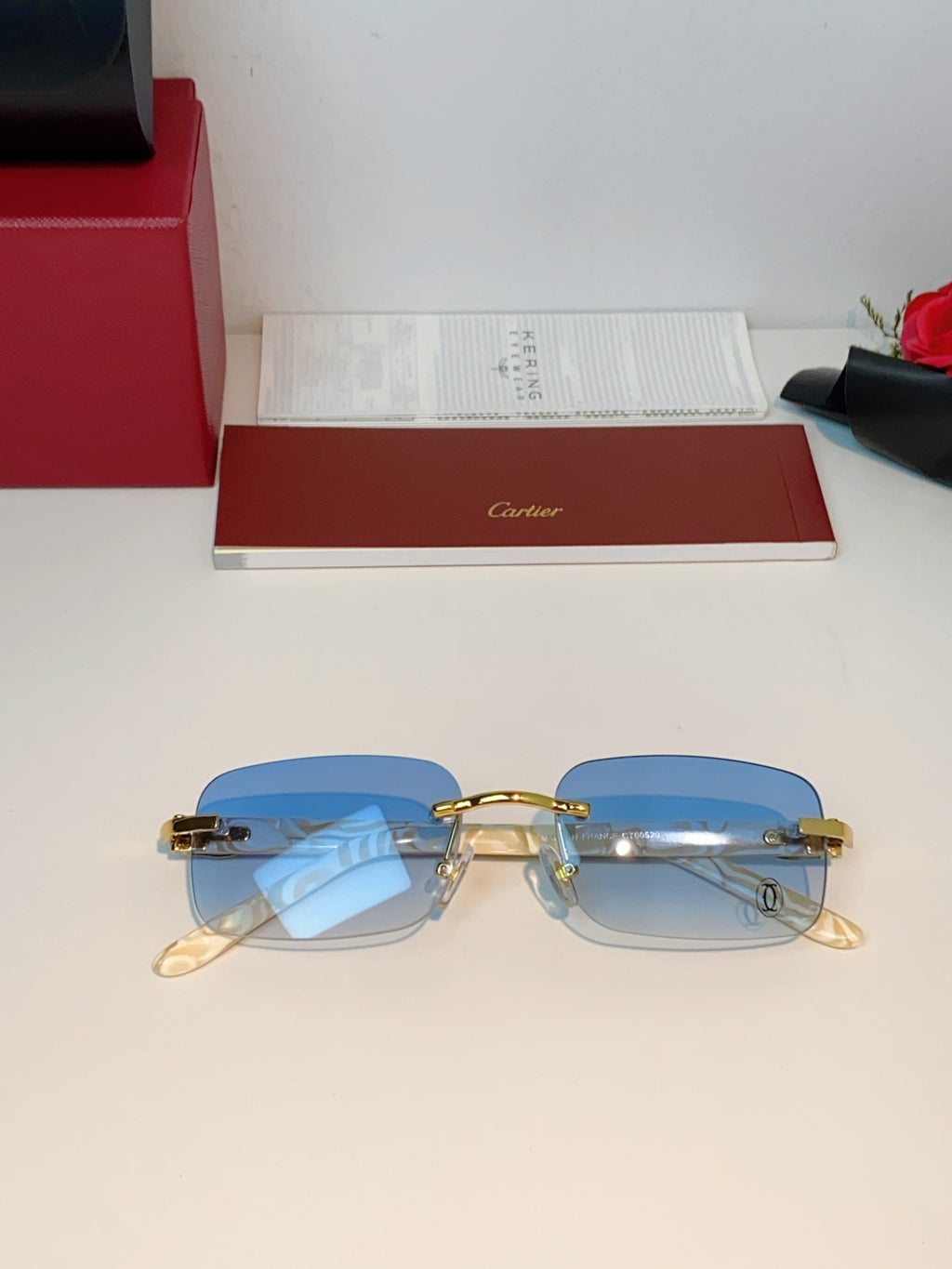 Cartier Lightweight Metal Rimless Blue Lens Sunglasses for Men - detail image 9