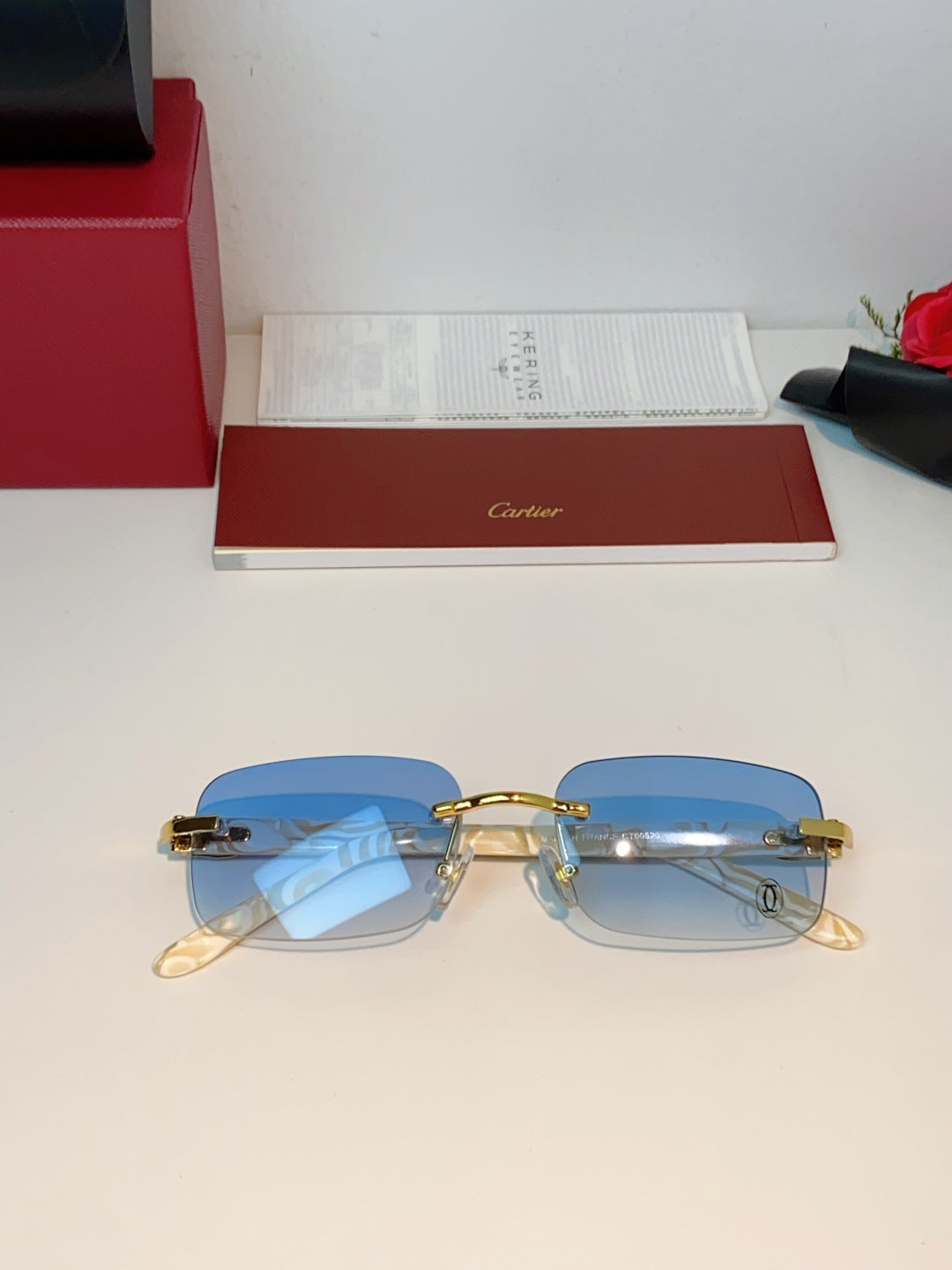 Cartier Lightweight Metal Rimless Blue Lens Sunglasses for Men - detail image 9