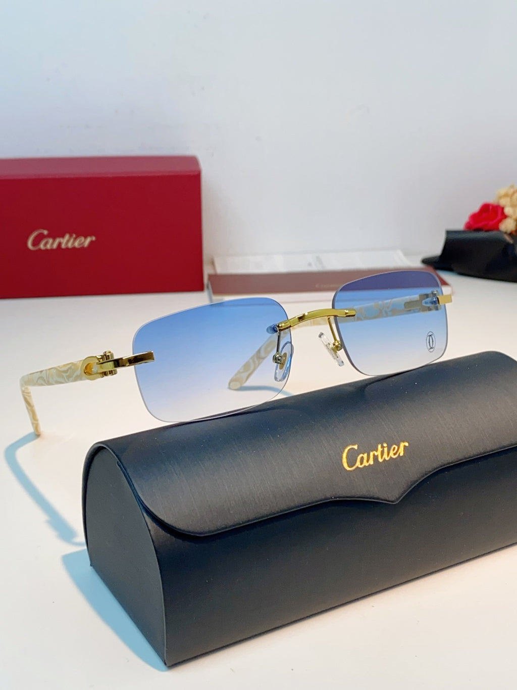 Cartier Lightweight Metal Rimless Blue Lens Sunglasses for Men - detail image 10