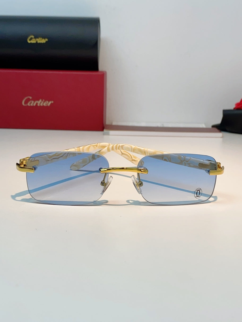 Cartier Lightweight Metal Rimless Blue Lens Sunglasses for Men - detail image 2