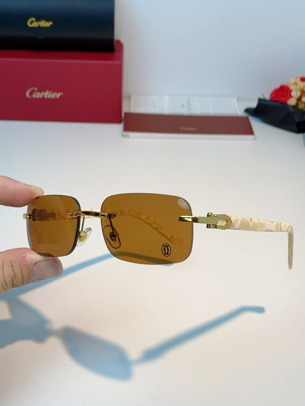 Cartier Lightweight Metal Rimless Brown Lens Sunglasses for Men - detail image 6