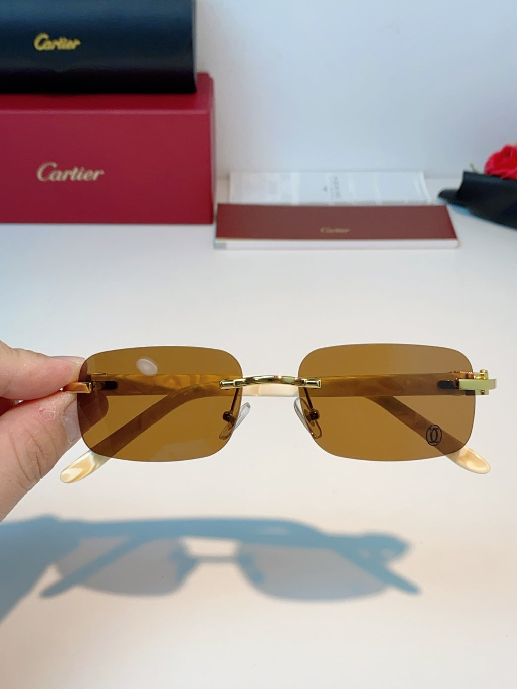 Cartier Lightweight Metal Rimless Brown Lens Sunglasses for Men - detail image 4