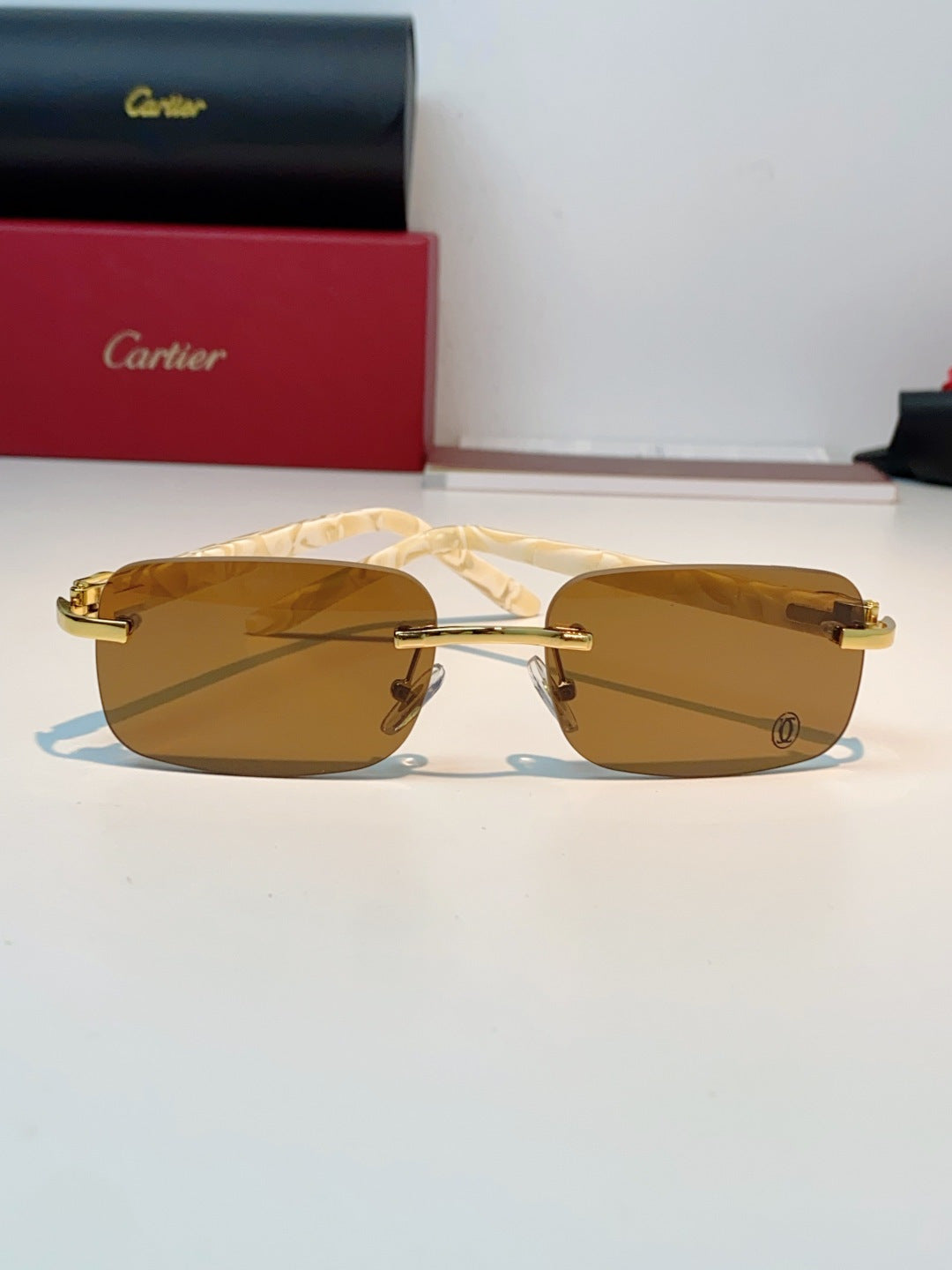 Cartier Lightweight Metal Rimless Brown Lens Sunglasses for Men - detail image 2