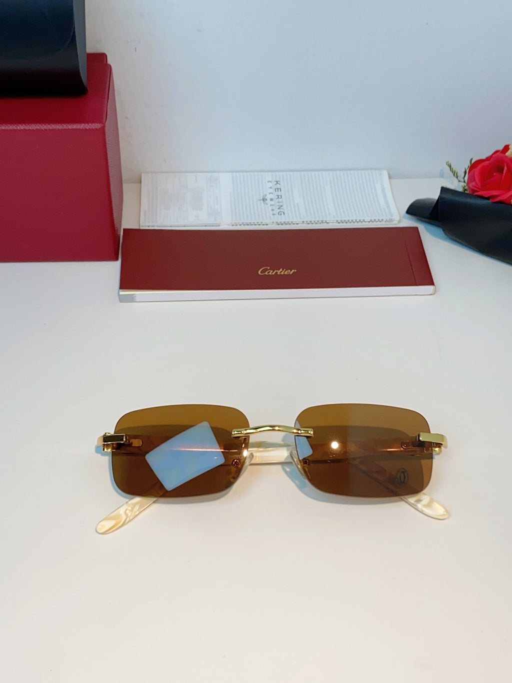 Cartier Lightweight Metal Rimless Brown Lens Sunglasses for Men - detail image 9