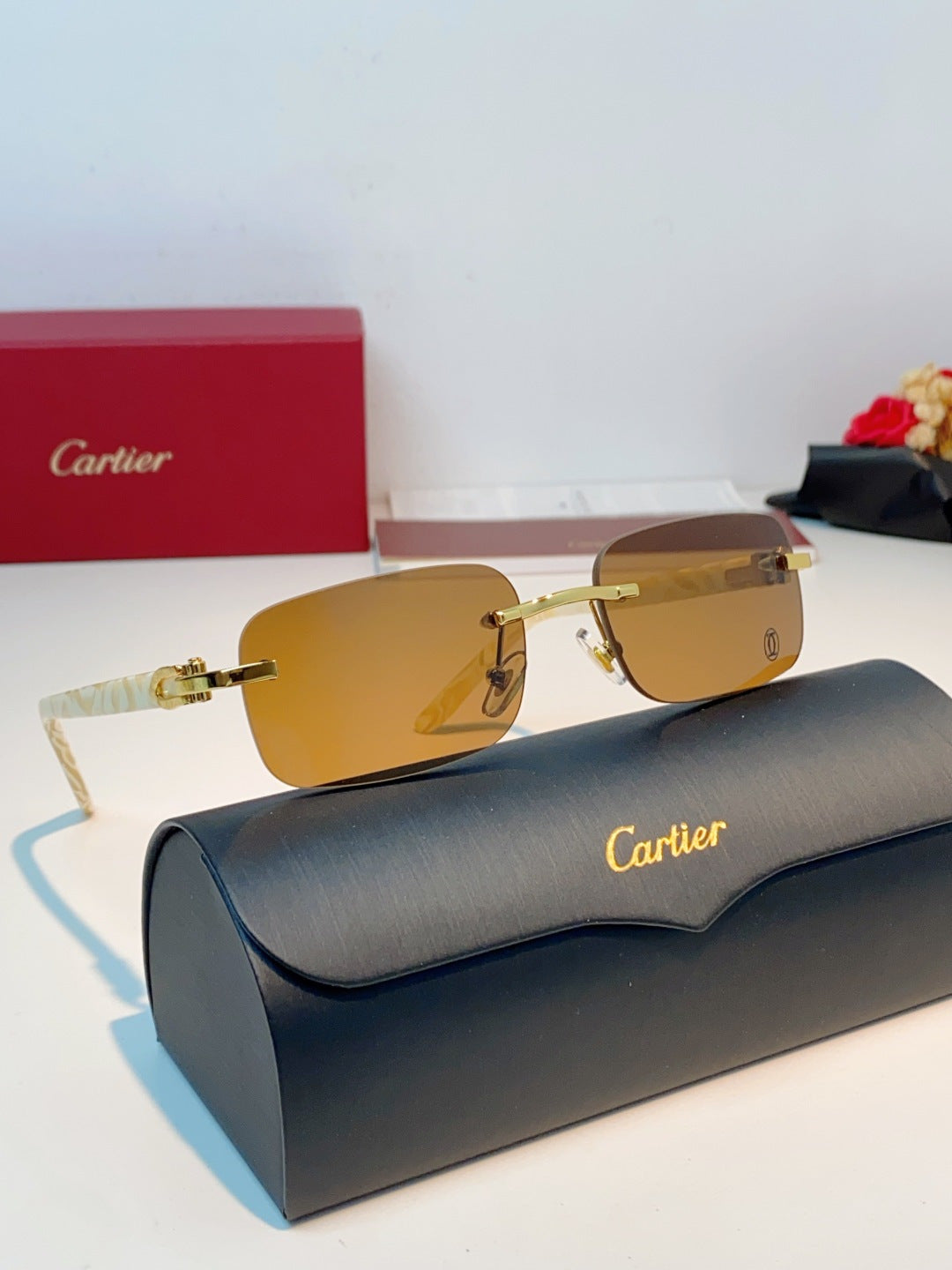 Cartier Lightweight Metal Rimless Brown Lens Sunglasses for Men - detail image 10