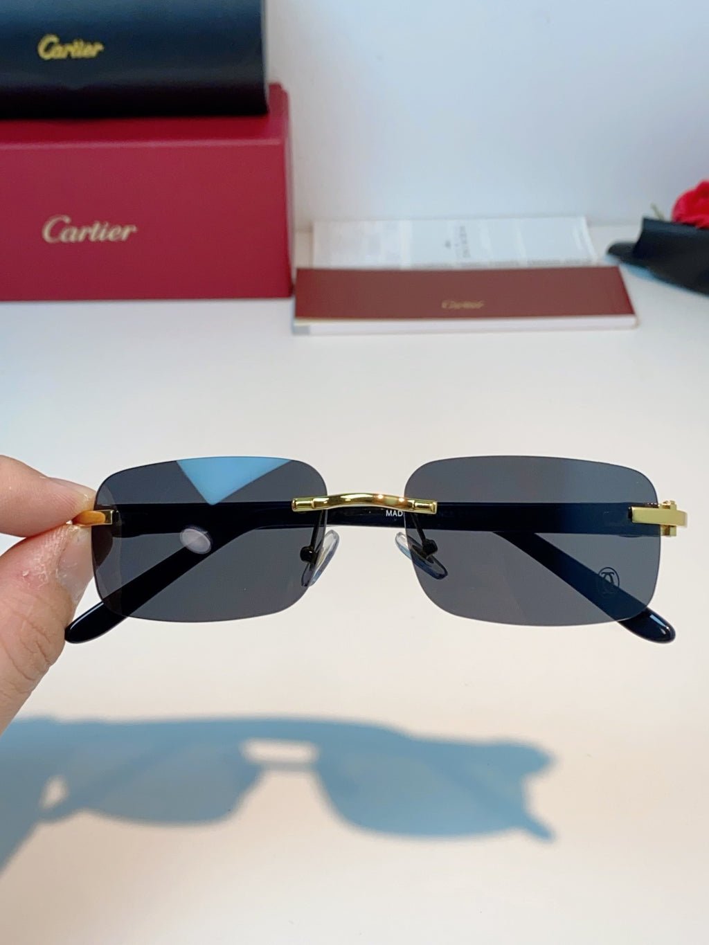 Cartier Lightweight Metal Rimless Black Lens Sunglasses for Men - detail image 4