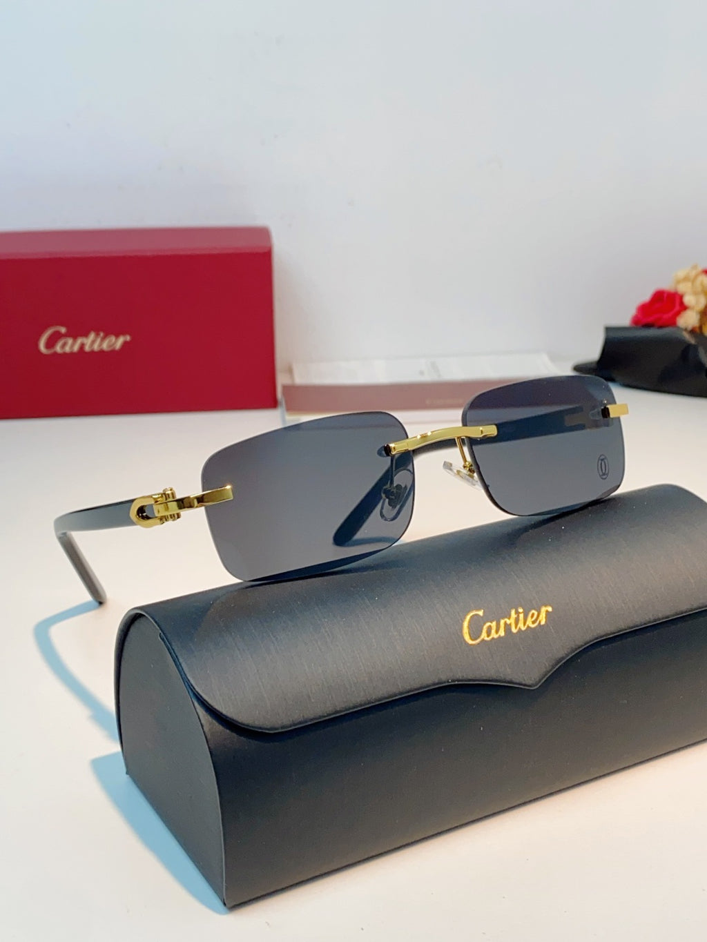 Cartier Lightweight Metal Rimless Black Lens Sunglasses for Men - detail image 11