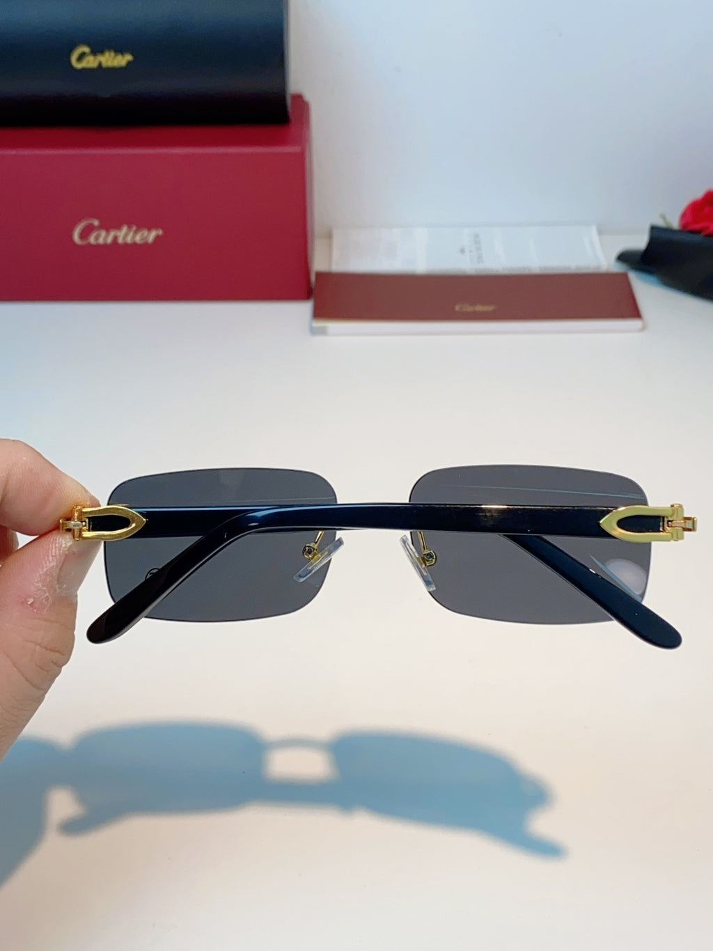 Cartier Lightweight Metal Rimless Black Lens Sunglasses for Men - detail image 5