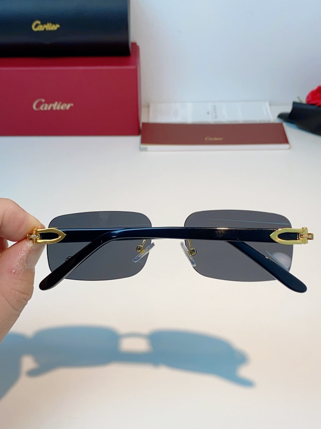 Cartier Lightweight Metal Rimless Black Lens Sunglasses for Men - detail image 5