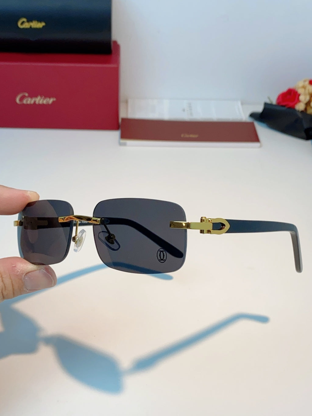 Cartier Lightweight Metal Rimless Black Lens Sunglasses for Men - detail image 6