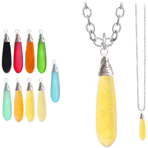 Artisan silver cultured SEA GLASS wire-wrapped sterling multi-colors Dagger 37x10mm U PICK pendant OR w/chain necklace