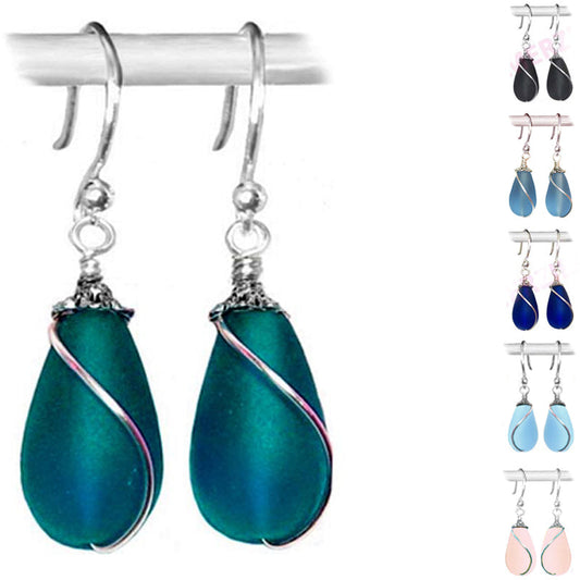 Artisan earrings sterling silver or 14kg-filled Sea Glass 18mm drop bead 25mm dangles - U PICK color