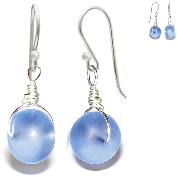 Artisan sterling silver Sea Glass earrings 14mm rondelle wire-wrapped - Sapphire