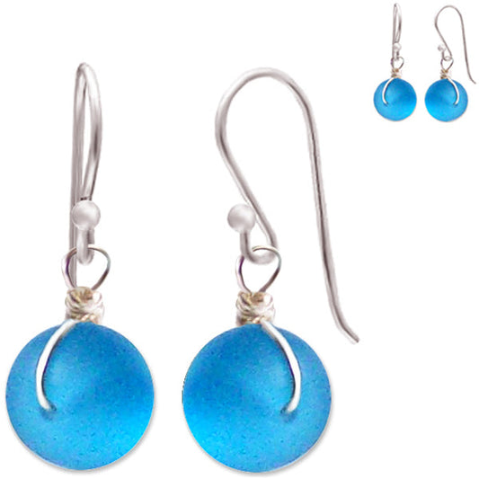 Artisan sterling silver Sea Glass earrings 14mm rondelle wire-wrapped - Turquoise blue