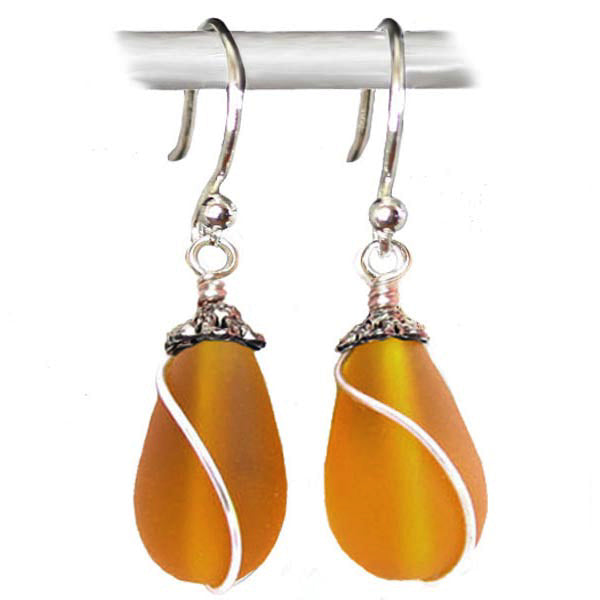 Artisan earrings sterling silver or 14kg-filled Sea Glass 18mm drop bead 25mm dangles - U PICK color