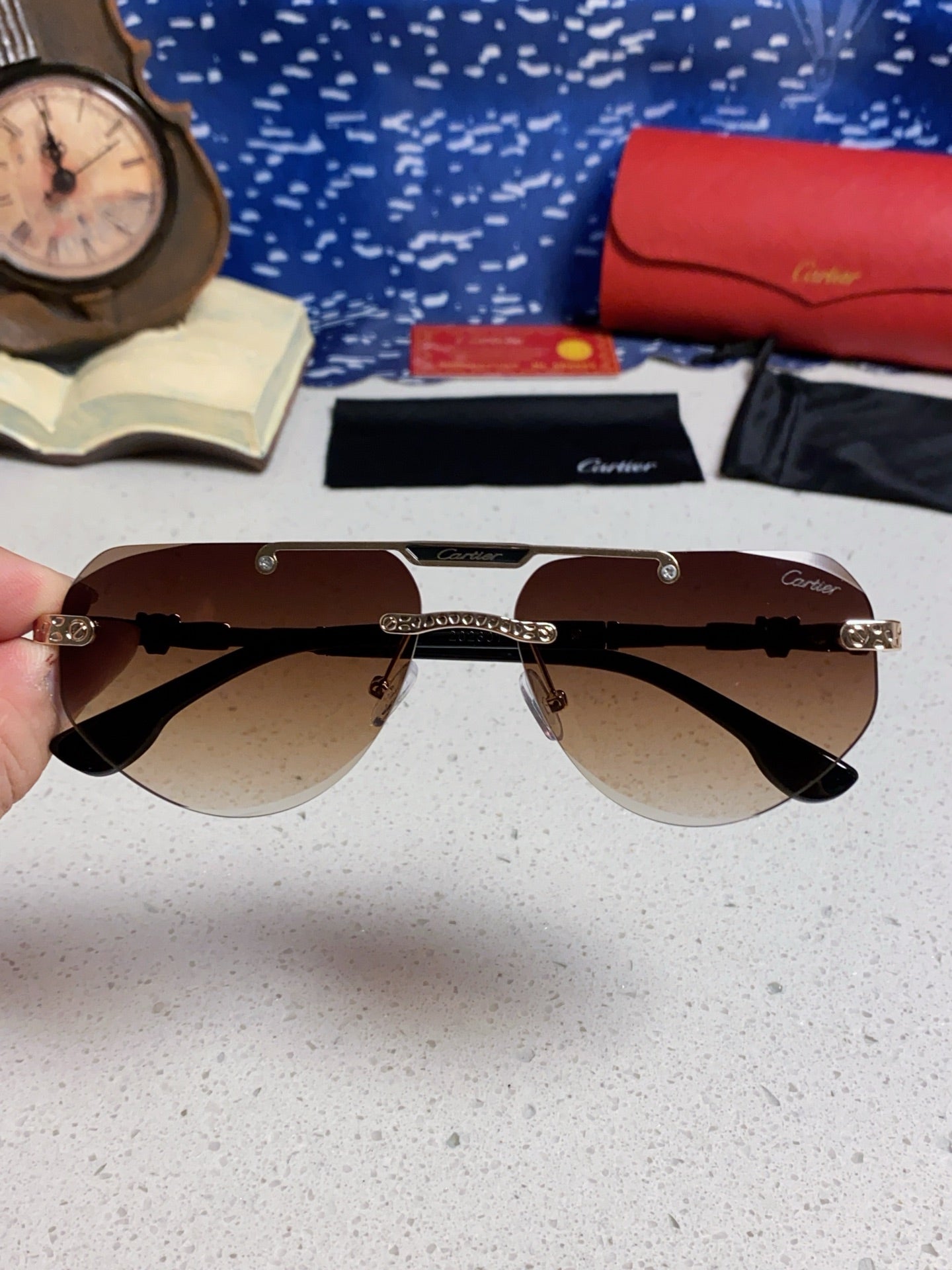 Cartier Lightweight Metal Rimless Brown Lens Sunglasses for Men & Wom - 465796 - detail image 4