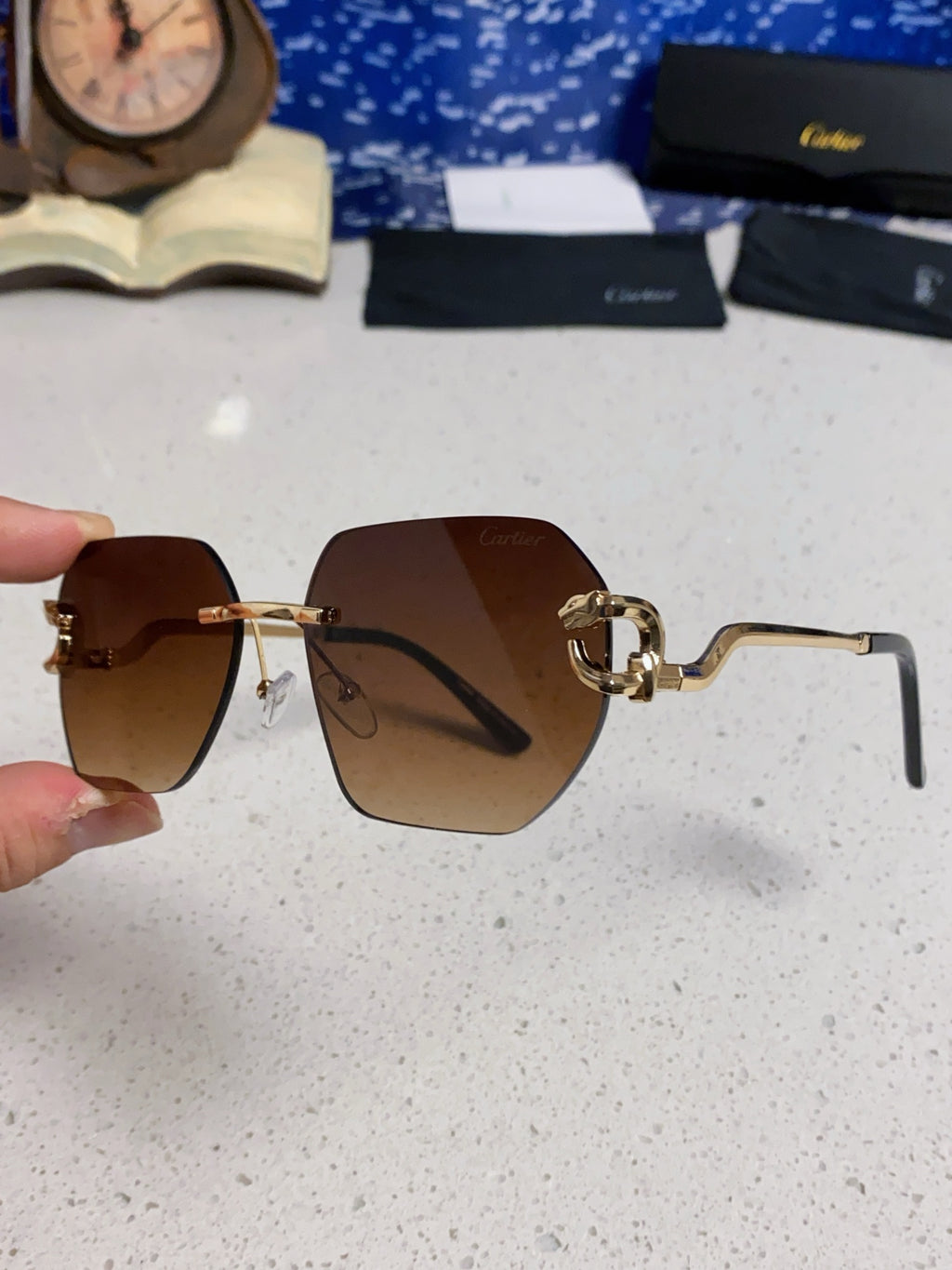 Cartier Lightweight Metal Rimless Brown Lens Sunglasses for Men & Wom - 158531 - detail image 6
