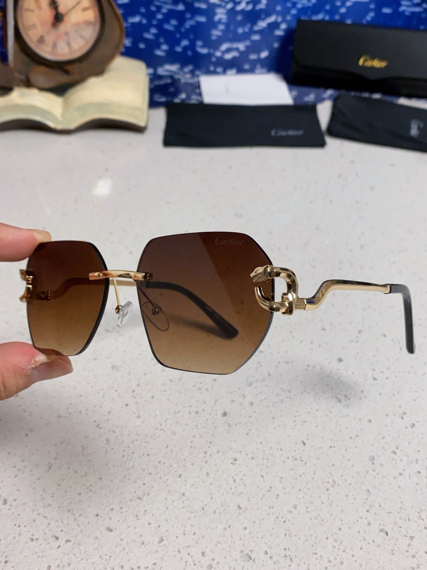 Cartier Lightweight Metal Rimless Brown Lens Sunglasses for Men & Wom - 158531 - detail image 6