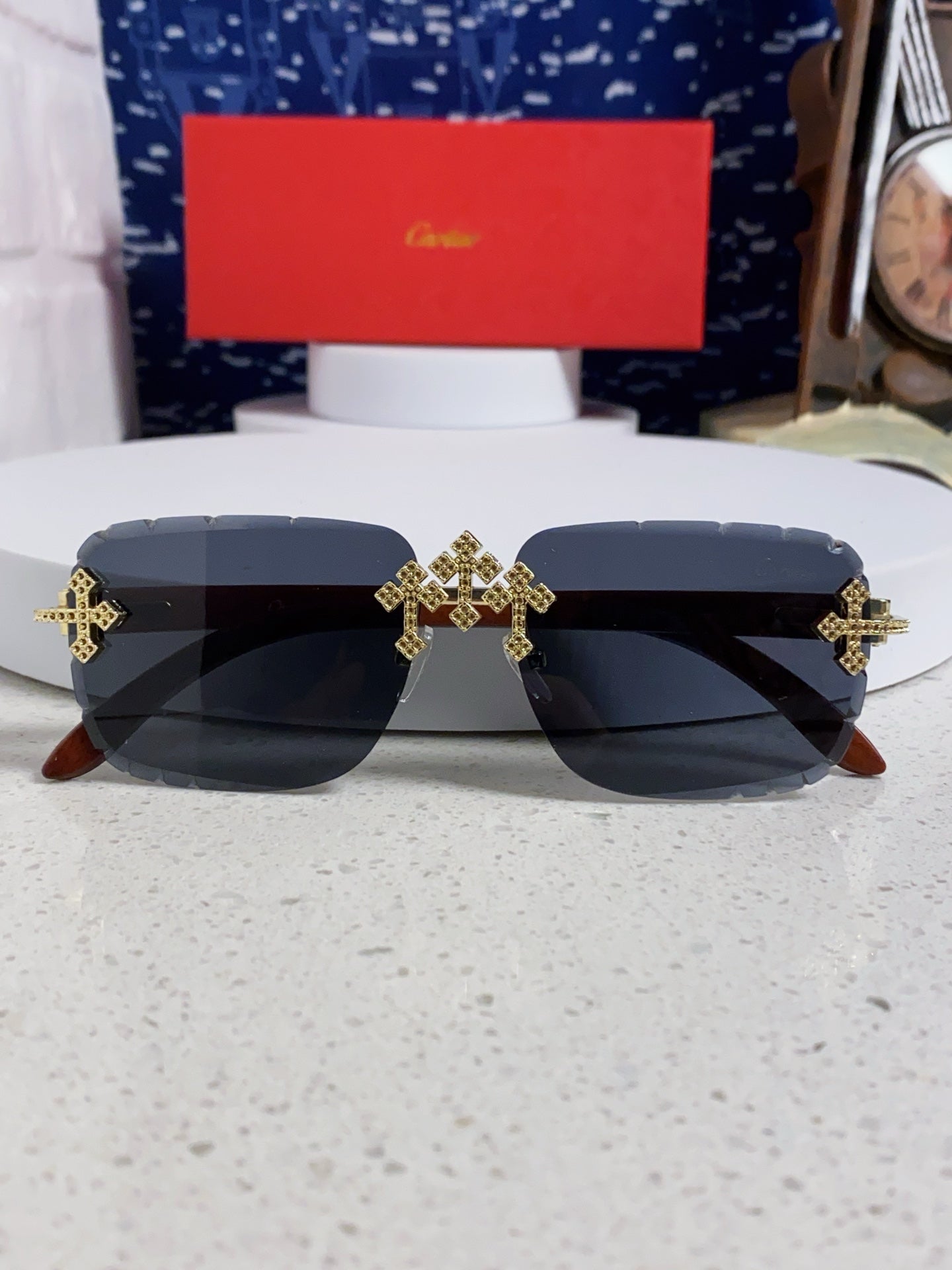 Cartier Lightweight Rimless Blue Lens Sunglasses for Men & Women - detail image 10