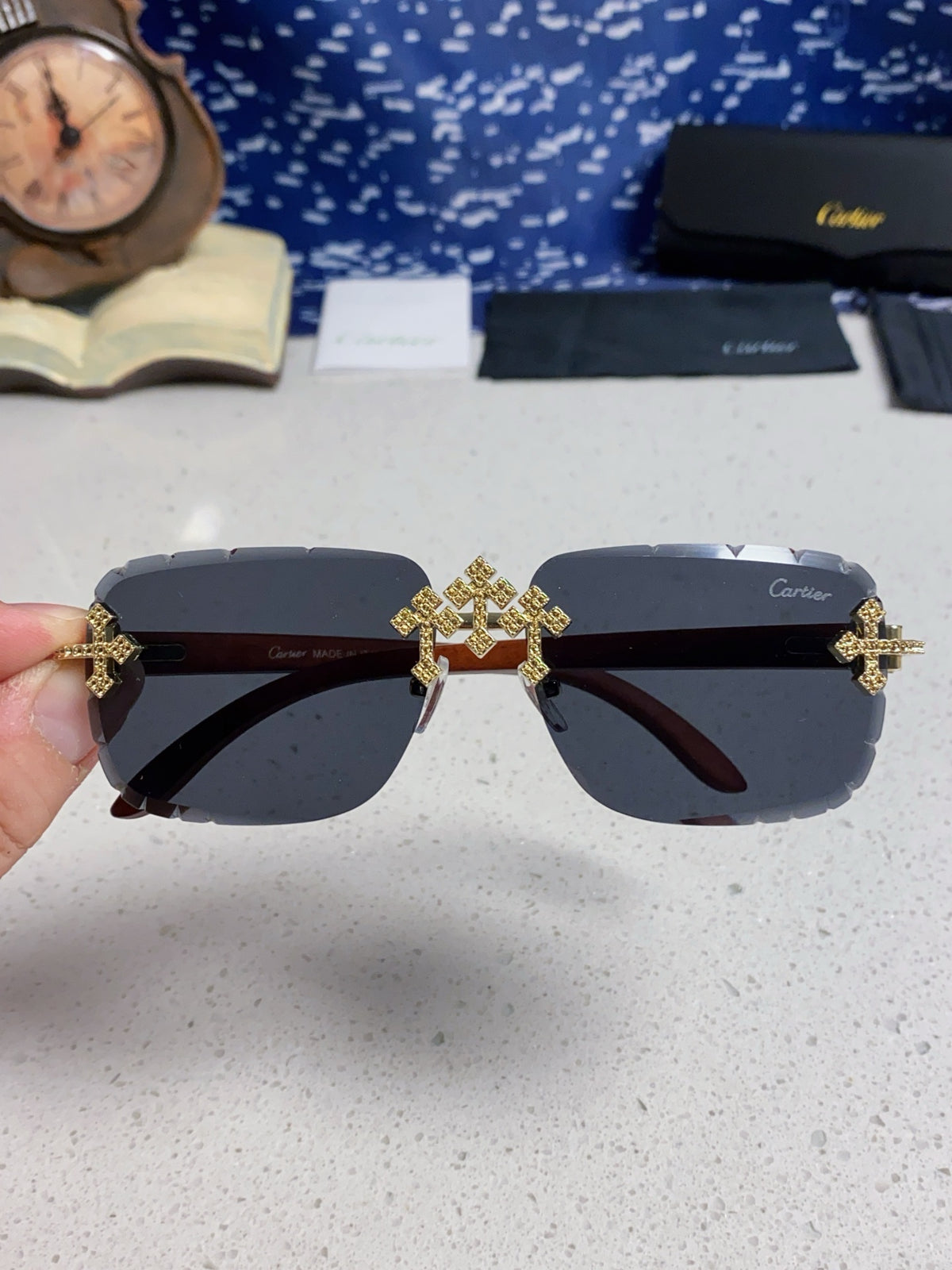Cartier Lightweight Rimless Blue Lens Sunglasses for Men & Women - 415895 - detail image 4