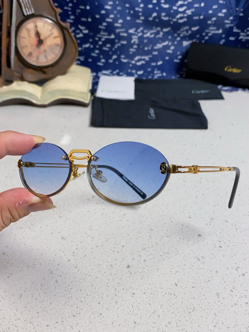 Cartier Lightweight Rimless Blue Lens Sunglasses for Men & Women - 382797 - detail image 6